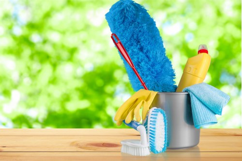 Carpet cleaning team preparing safety equipment before work